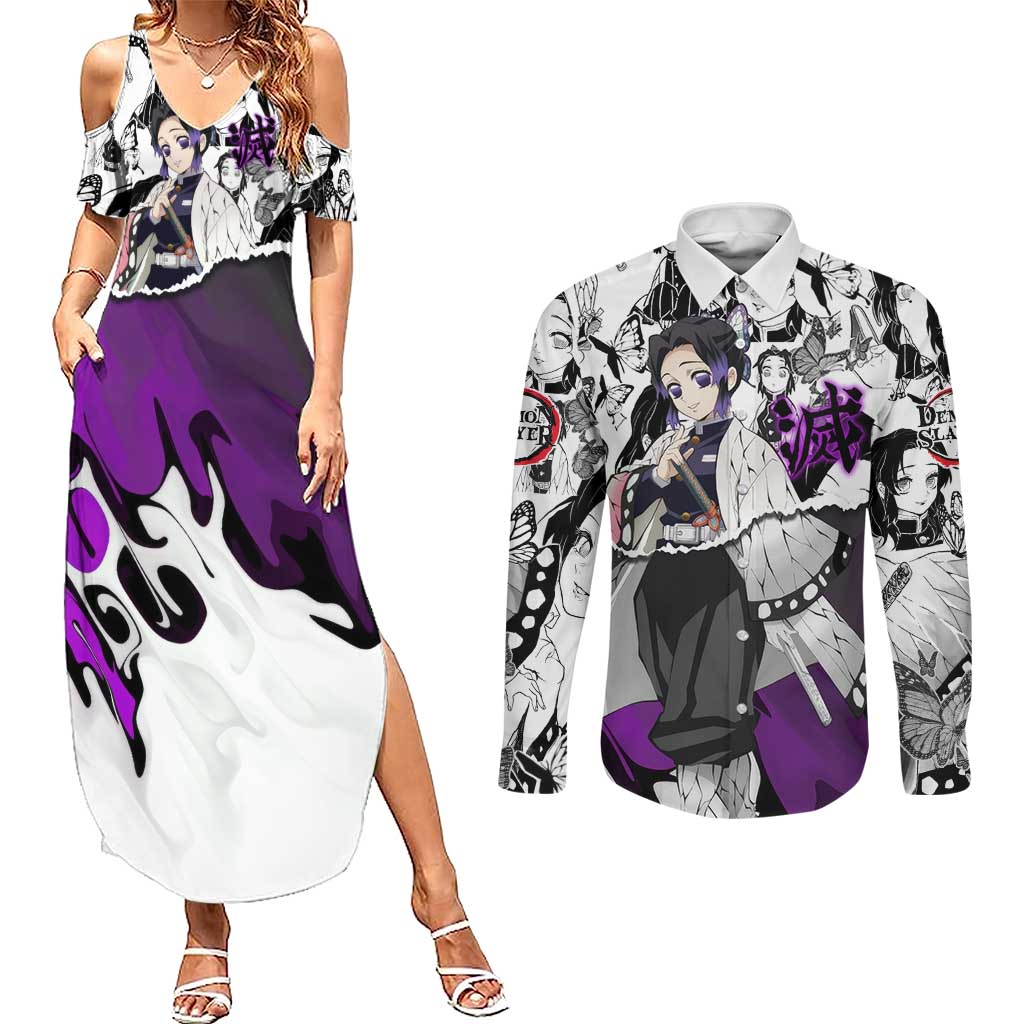 Shinobu Kocho Demon Slayer Butterfly Theme Couples Matching Summer Maxi Dress and Long Sleeve Button Shirt with Purple Accents and Manga Collage Design - The Mazicc
