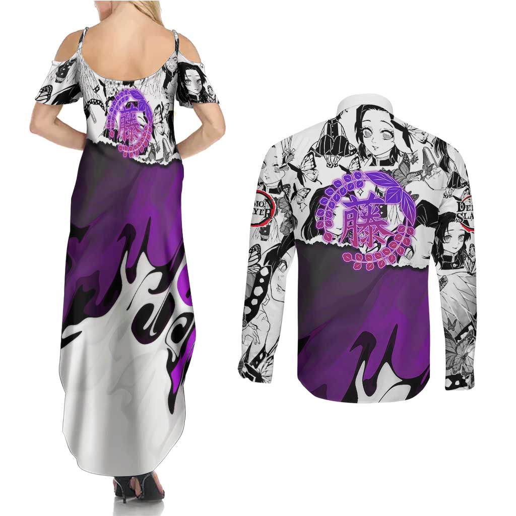 Shinobu Kocho Demon Slayer Butterfly Theme Couples Matching Summer Maxi Dress and Long Sleeve Button Shirt with Purple Accents and Manga Collage Design - The Mazicc
