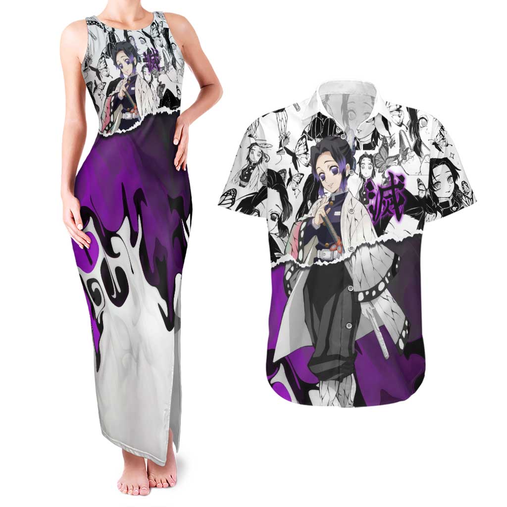 Shinobu Kocho Demon Slayer Butterfly Theme Couples Matching Tank Maxi Dress and Hawaiian Shirt with Purple Accents and Manga Collage Design - The Mazicc