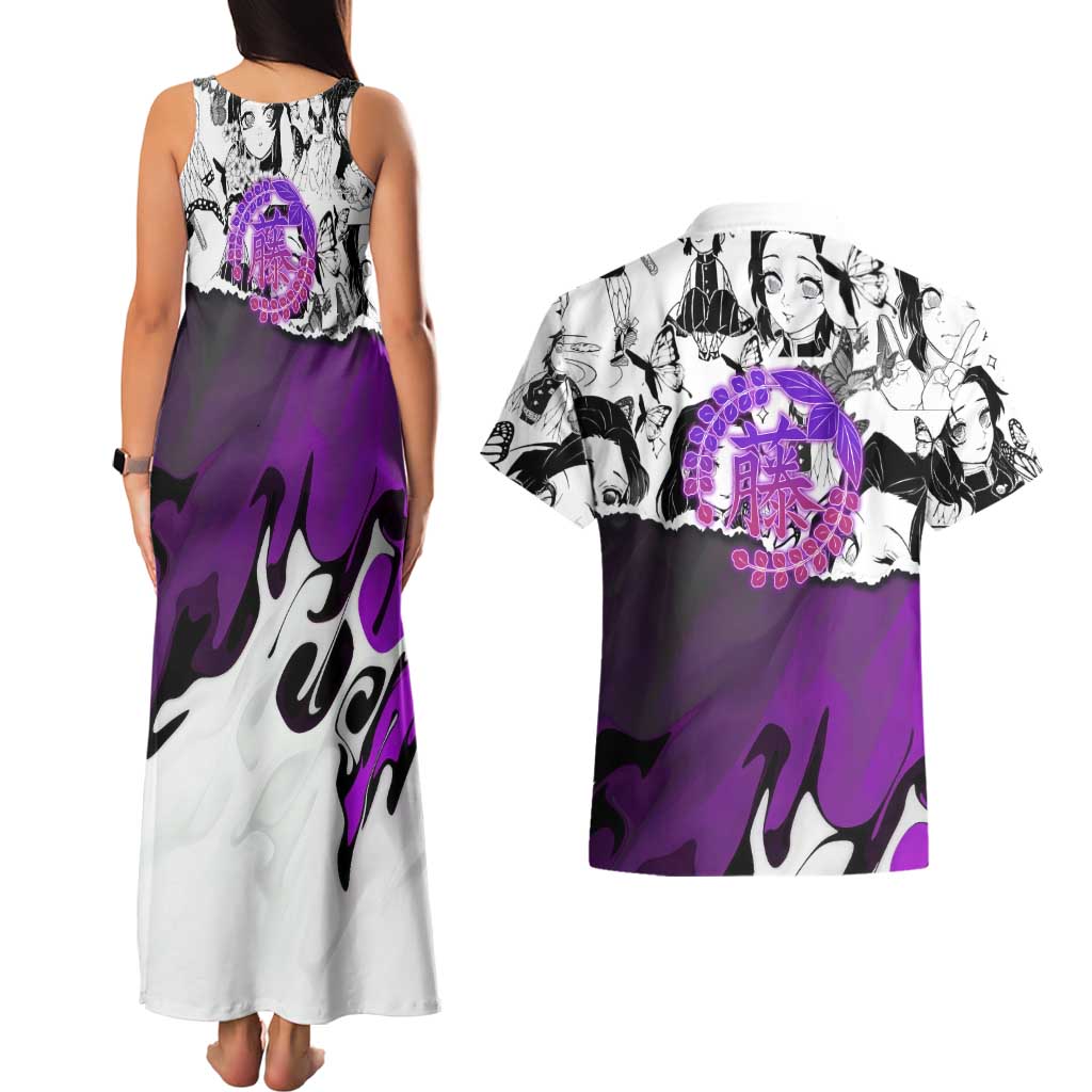 Shinobu Kocho Demon Slayer Butterfly Theme Couples Matching Tank Maxi Dress and Hawaiian Shirt with Purple Accents and Manga Collage Design - The Mazicc