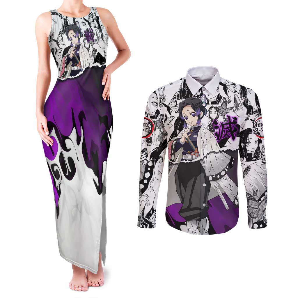 Shinobu Kocho Demon Slayer Butterfly Theme Couples Matching Tank Maxi Dress and Long Sleeve Button Shirt with Purple Accents and Manga Collage Design - The Mazicc