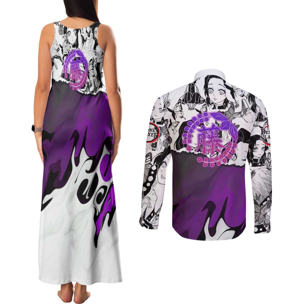 Shinobu Kocho Demon Slayer Butterfly Theme Couples Matching Tank Maxi Dress and Long Sleeve Button Shirt with Purple Accents and Manga Collage Design - The Mazicc