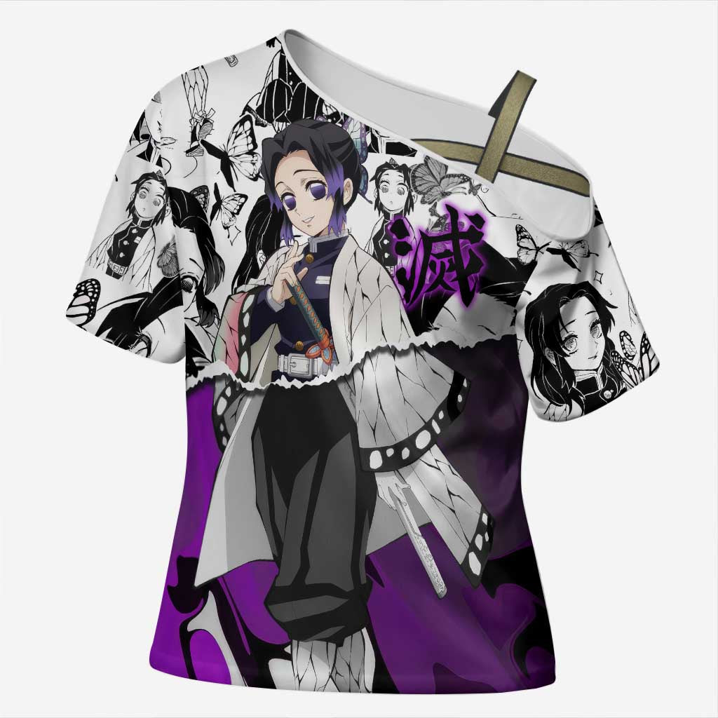 Shinobu Kocho Demon Slayer Butterfly Theme Cross Shoulder Shirt with Purple Accents and Manga Collage Design - The Mazicc