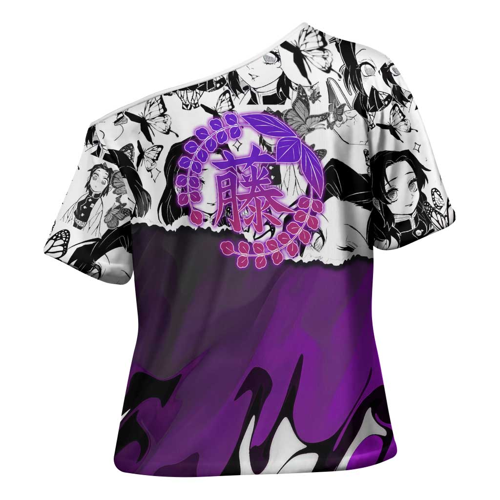 Shinobu Kocho Demon Slayer Butterfly Theme Cross Shoulder Shirt with Purple Accents and Manga Collage Design - The Mazicc