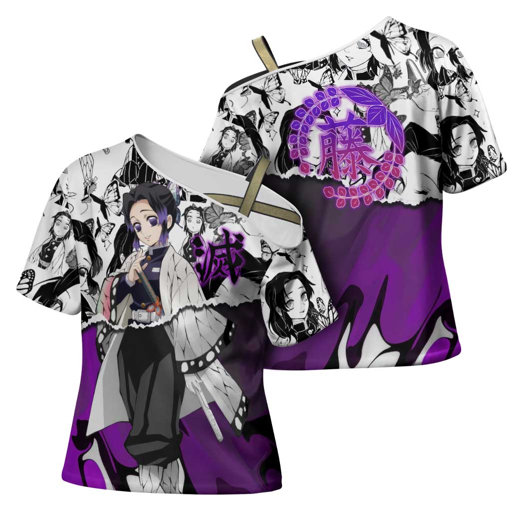 Shinobu Kocho Demon Slayer Butterfly Theme Cross Shoulder Shirt with Purple Accents and Manga Collage Design - The Mazicc