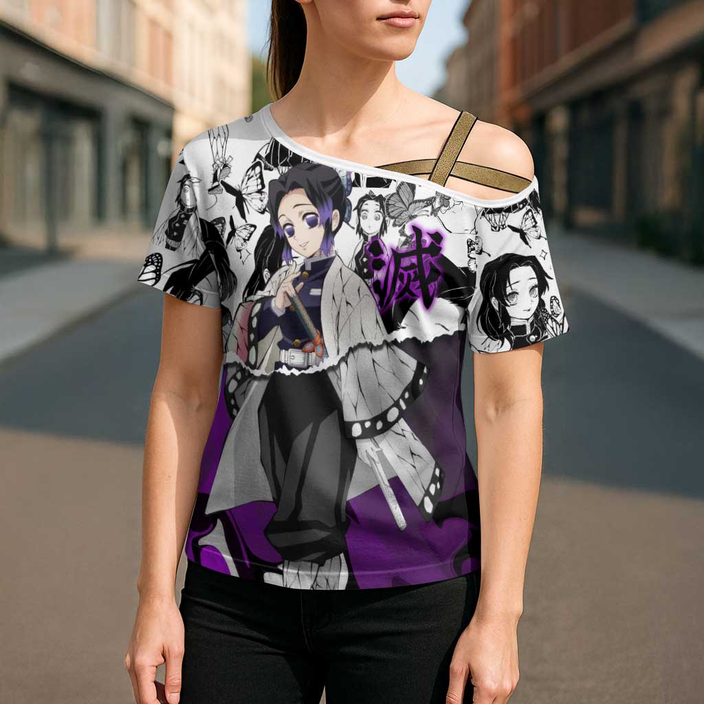 Shinobu Kocho Demon Slayer Butterfly Theme Cross Shoulder Shirt with Purple Accents and Manga Collage Design - The Mazicc