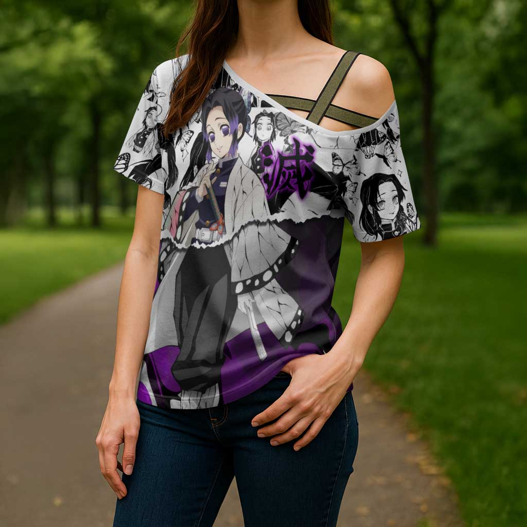 Shinobu Kocho Demon Slayer Butterfly Theme Cross Shoulder Shirt with Purple Accents and Manga Collage Design - The Mazicc