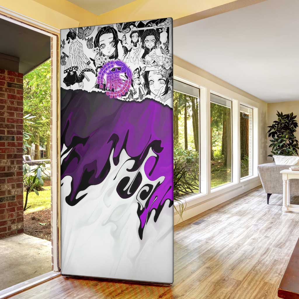 Shinobu Kocho Demon Slayer Butterfly Theme Door Cover with Purple Accents and Manga Collage Design - The Mazicc