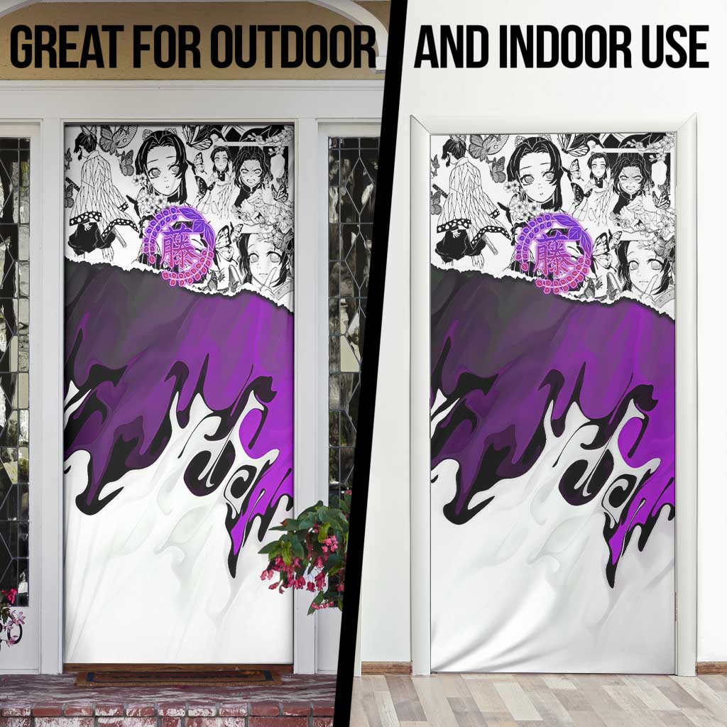 Shinobu Kocho Demon Slayer Butterfly Theme Door Cover with Purple Accents and Manga Collage Design - The Mazicc
