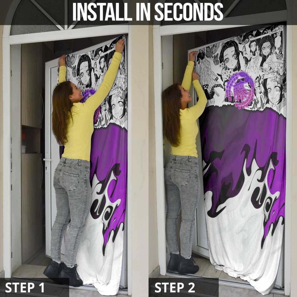 Shinobu Kocho Demon Slayer Butterfly Theme Door Cover with Purple Accents and Manga Collage Design - The Mazicc
