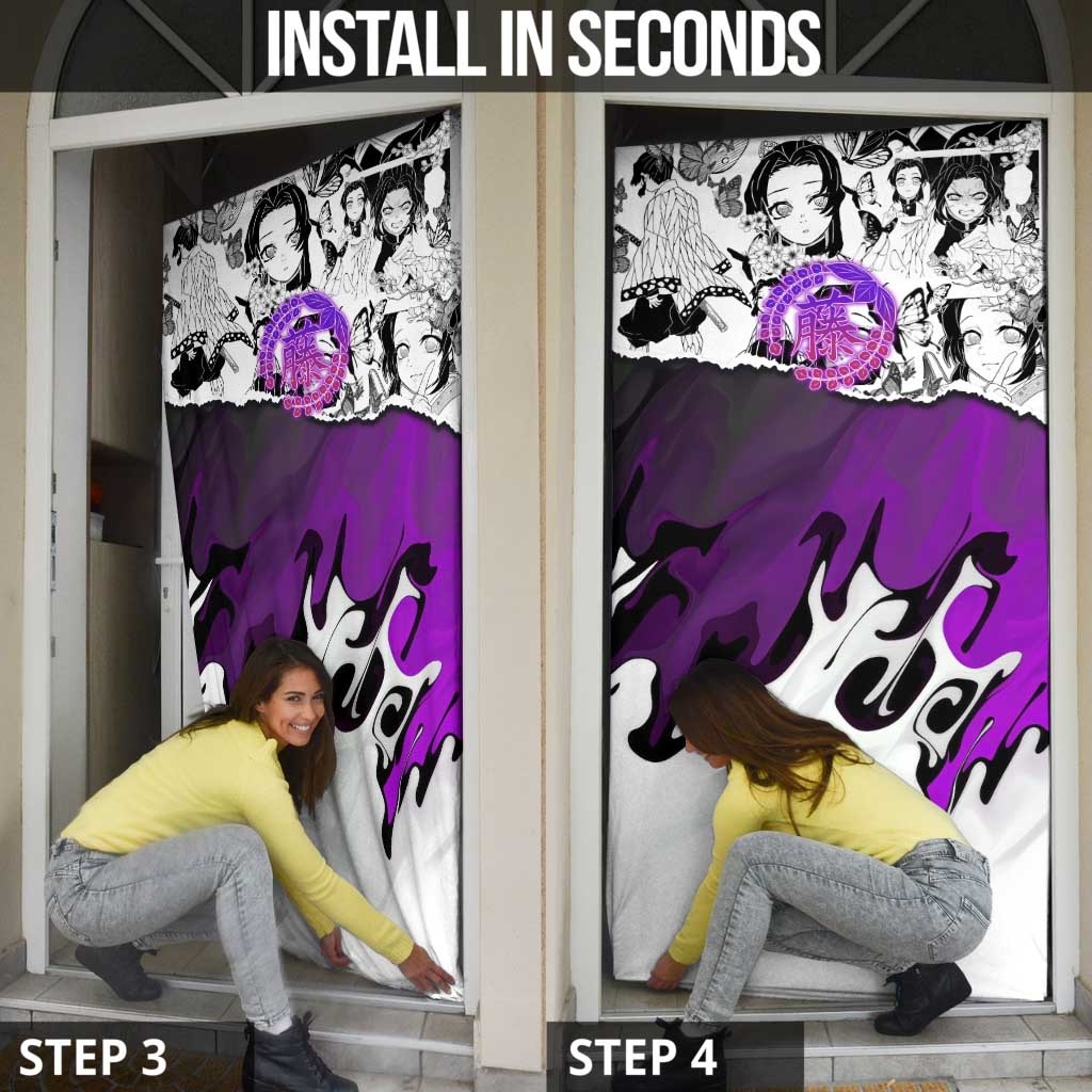 Shinobu Kocho Demon Slayer Butterfly Theme Door Cover with Purple Accents and Manga Collage Design - The Mazicc