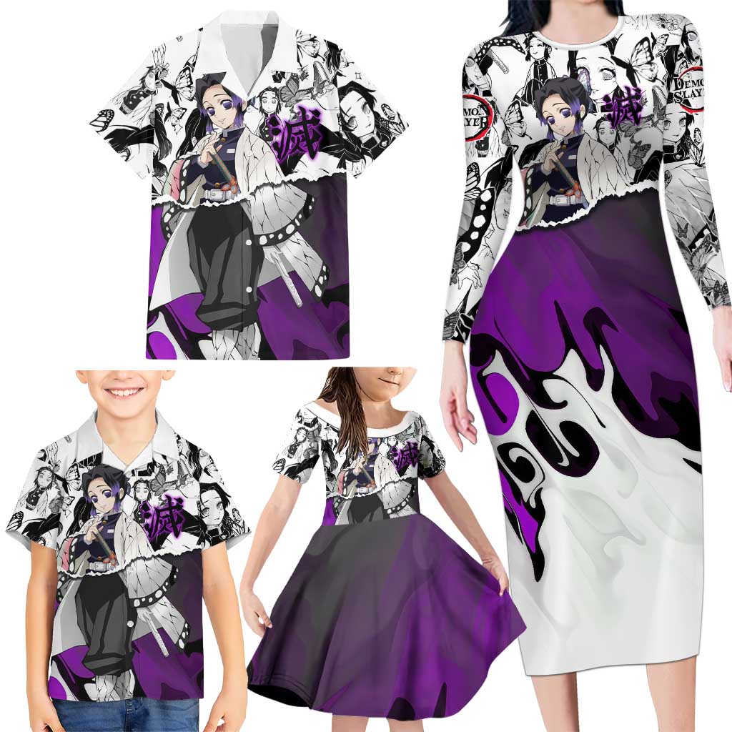 Shinobu Kocho Demon Slayer Butterfly Theme Family Matching Long Sleeve Bodycon Dress and Hawaiian Shirt with Purple Accents and Manga Collage Design