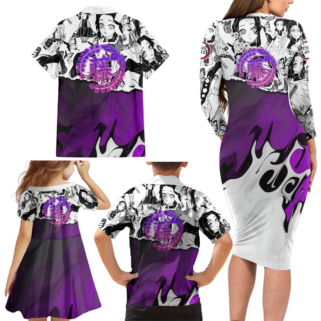 Shinobu Kocho Demon Slayer Butterfly Theme Family Matching Long Sleeve Bodycon Dress and Hawaiian Shirt with Purple Accents and Manga Collage Design