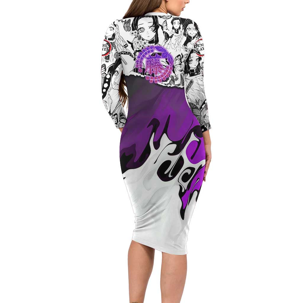 Shinobu Kocho Demon Slayer Butterfly Theme Family Matching Long Sleeve Bodycon Dress and Hawaiian Shirt with Purple Accents and Manga Collage Design