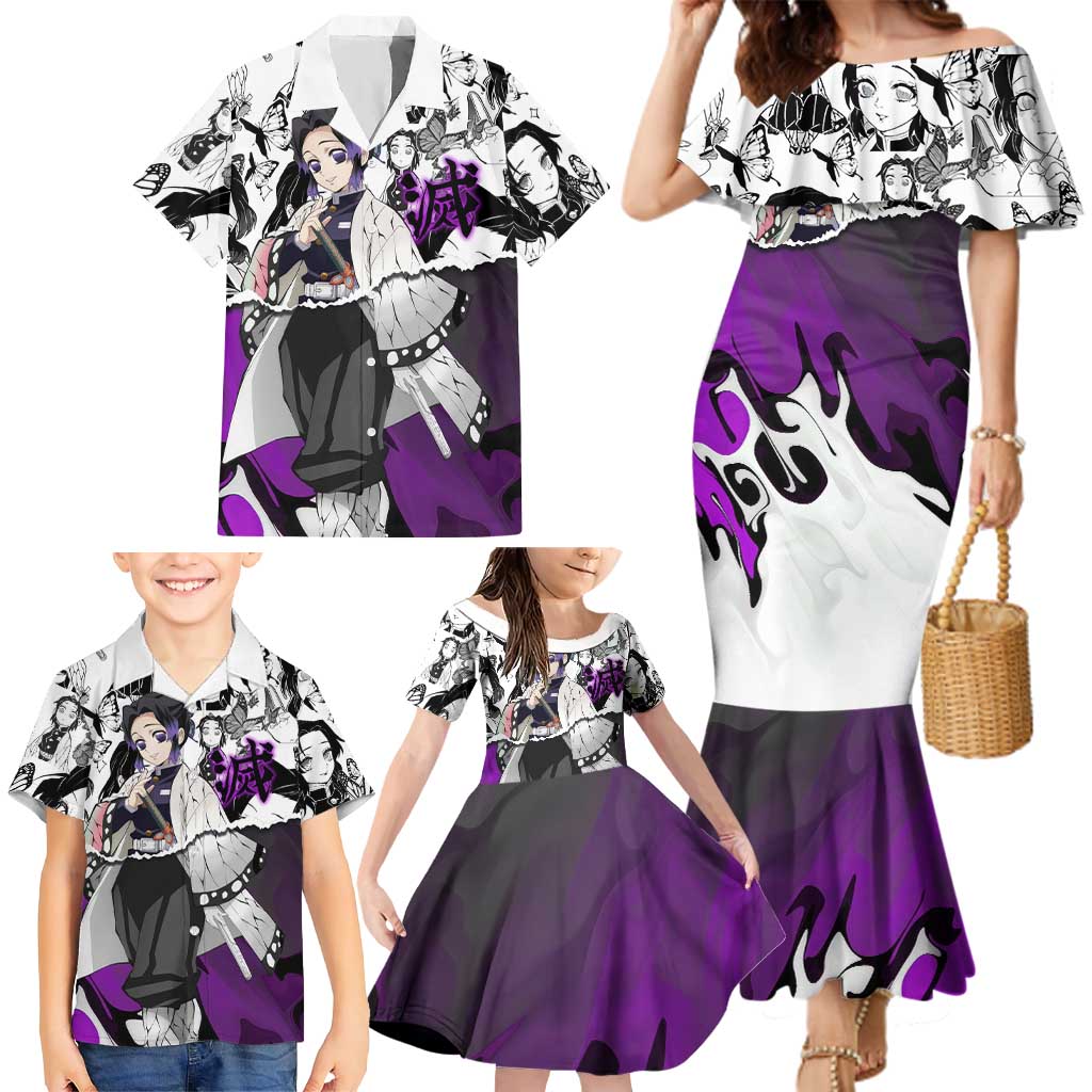 Shinobu Kocho Demon Slayer Butterfly Theme Family Matching Mermaid Dress and Hawaiian Shirt with Purple Accents and Manga Collage Design