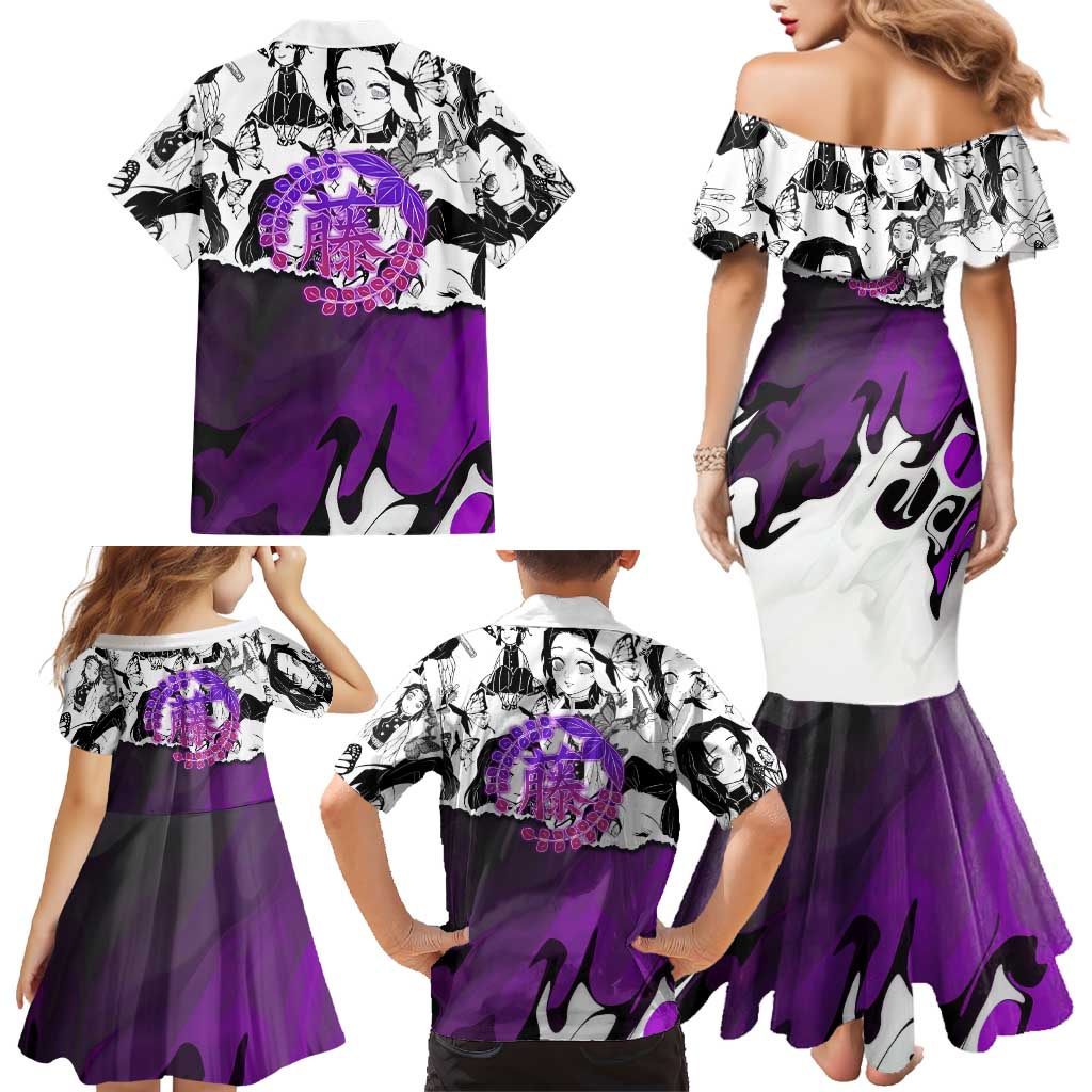 Shinobu Kocho Demon Slayer Butterfly Theme Family Matching Mermaid Dress and Hawaiian Shirt with Purple Accents and Manga Collage Design