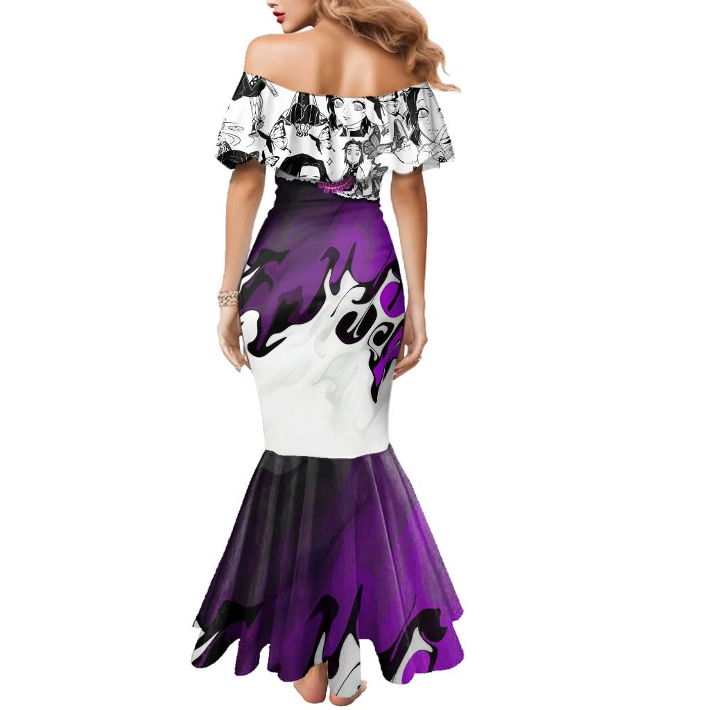 Shinobu Kocho Demon Slayer Butterfly Theme Family Matching Mermaid Dress and Hawaiian Shirt with Purple Accents and Manga Collage Design