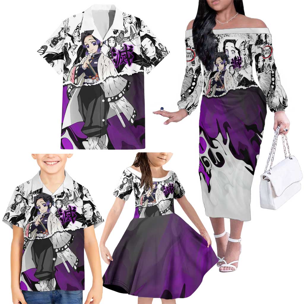 Shinobu Kocho Demon Slayer Butterfly Theme Family Matching Off The Shoulder Long Sleeve Dress and Hawaiian Shirt with Purple Accents and Manga Collage Design