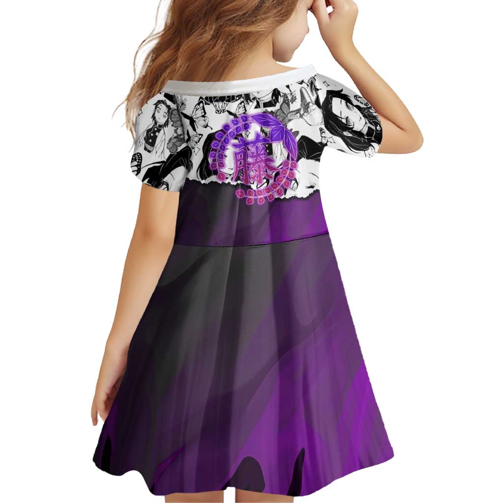 Shinobu Kocho Demon Slayer Butterfly Theme Family Matching Off The Shoulder Long Sleeve Dress and Hawaiian Shirt with Purple Accents and Manga Collage Design