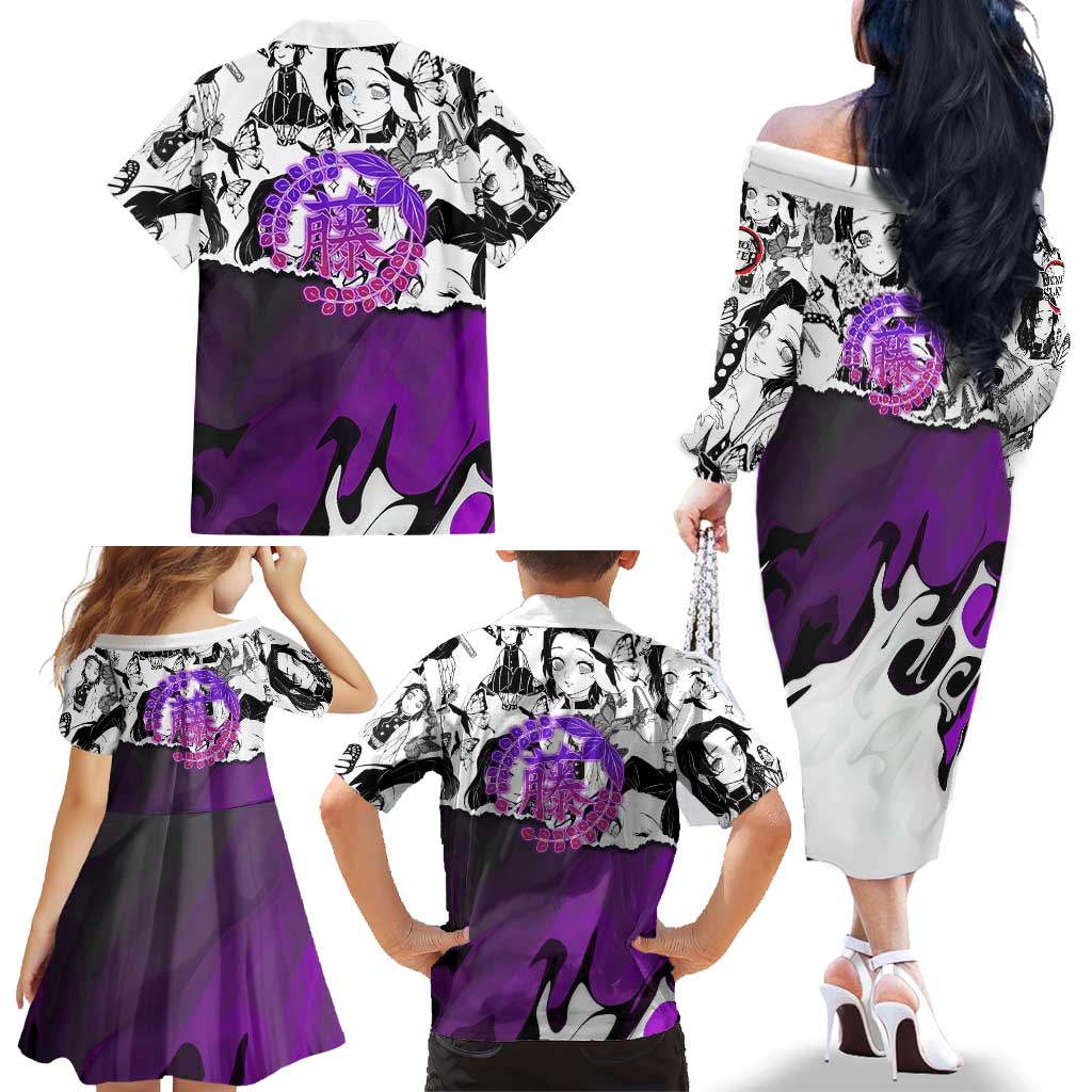 Shinobu Kocho Demon Slayer Butterfly Theme Family Matching Off The Shoulder Long Sleeve Dress and Hawaiian Shirt with Purple Accents and Manga Collage Design