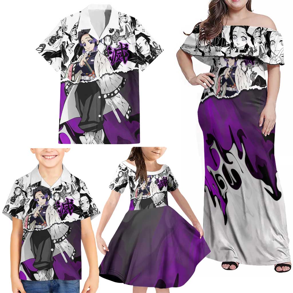 Shinobu Kocho Demon Slayer Butterfly Theme Family Matching Off Shoulder Maxi Dress and Hawaiian Shirt with Purple Accents and Manga Collage Design