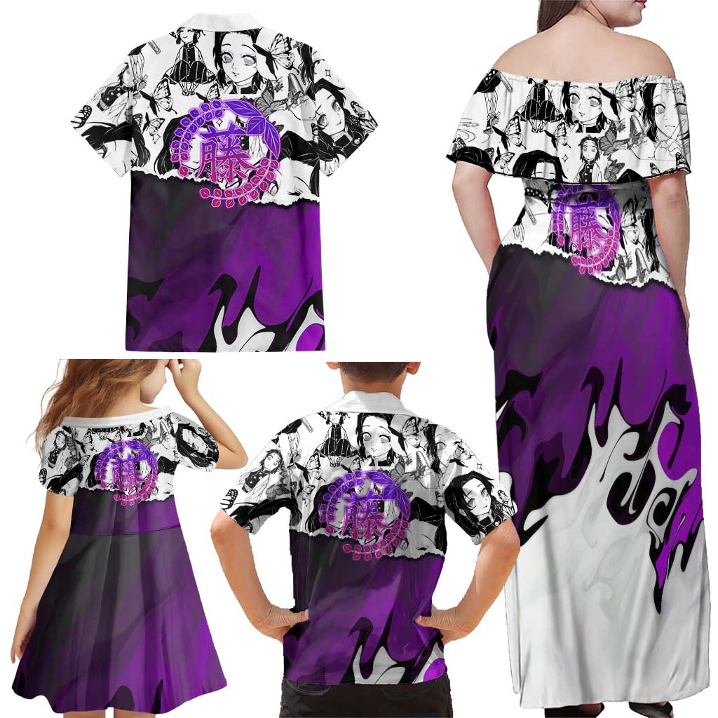 Shinobu Kocho Demon Slayer Butterfly Theme Family Matching Off Shoulder Maxi Dress and Hawaiian Shirt with Purple Accents and Manga Collage Design