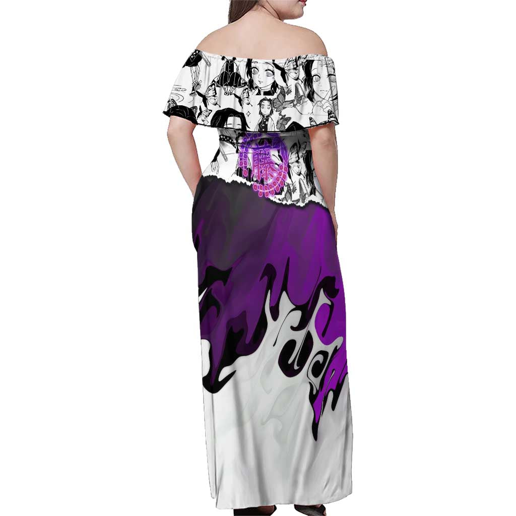 Shinobu Kocho Demon Slayer Butterfly Theme Family Matching Off Shoulder Maxi Dress and Hawaiian Shirt with Purple Accents and Manga Collage Design