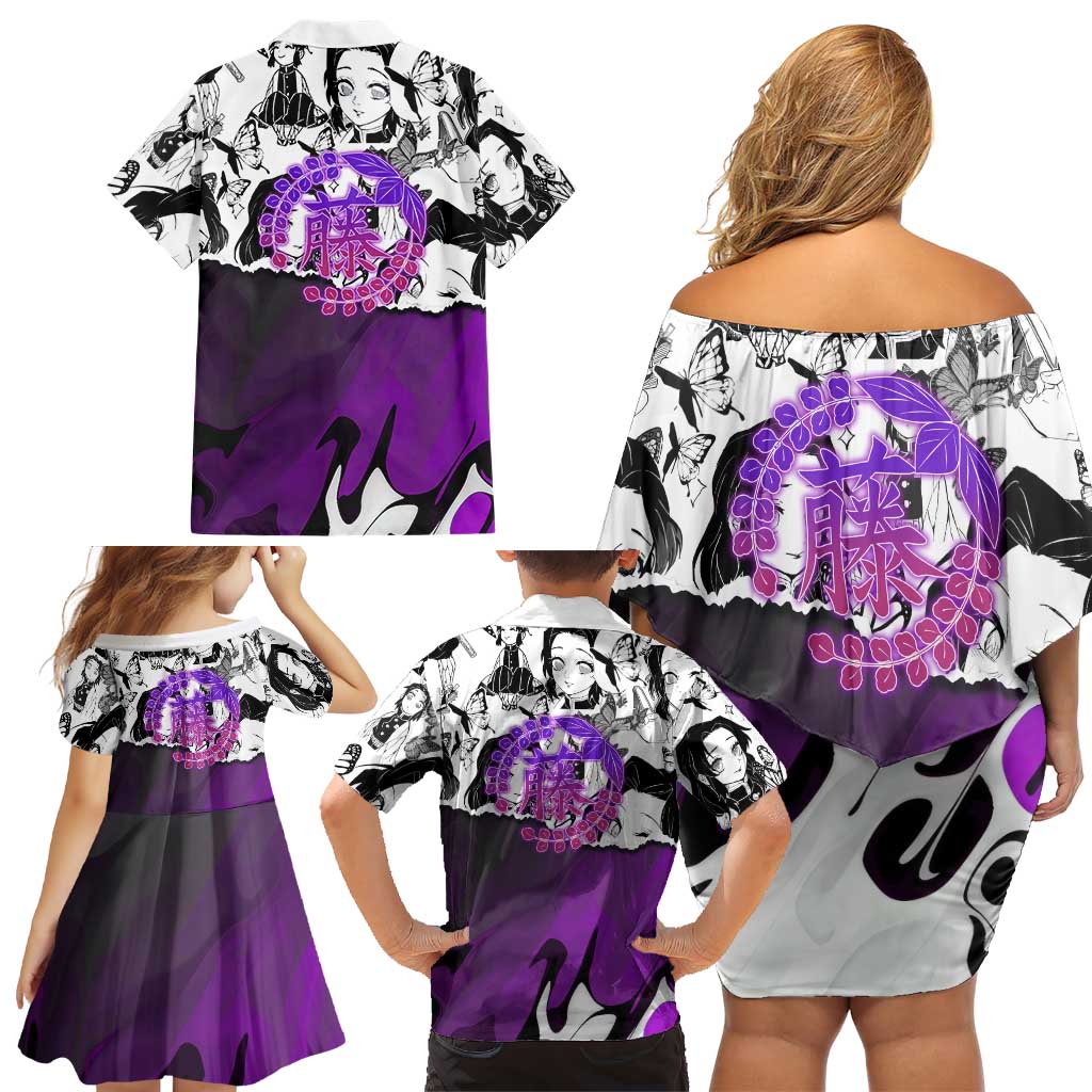 Shinobu Kocho Demon Slayer Butterfly Theme Family Matching Off Shoulder Short Dress and Hawaiian Shirt with Purple Accents and Manga Collage Design