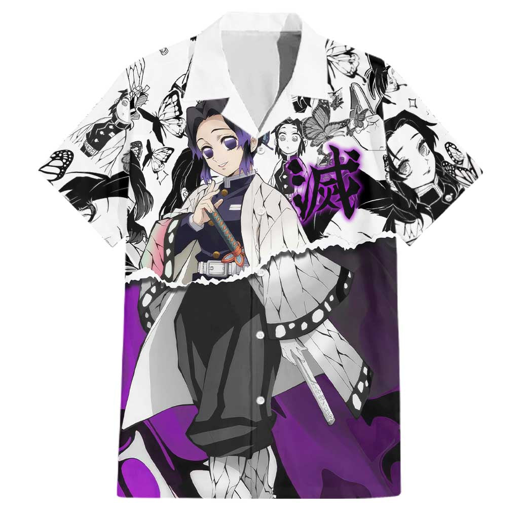 Shinobu Kocho Demon Slayer Butterfly Theme Family Matching Off Shoulder Short Dress and Hawaiian Shirt with Purple Accents and Manga Collage Design