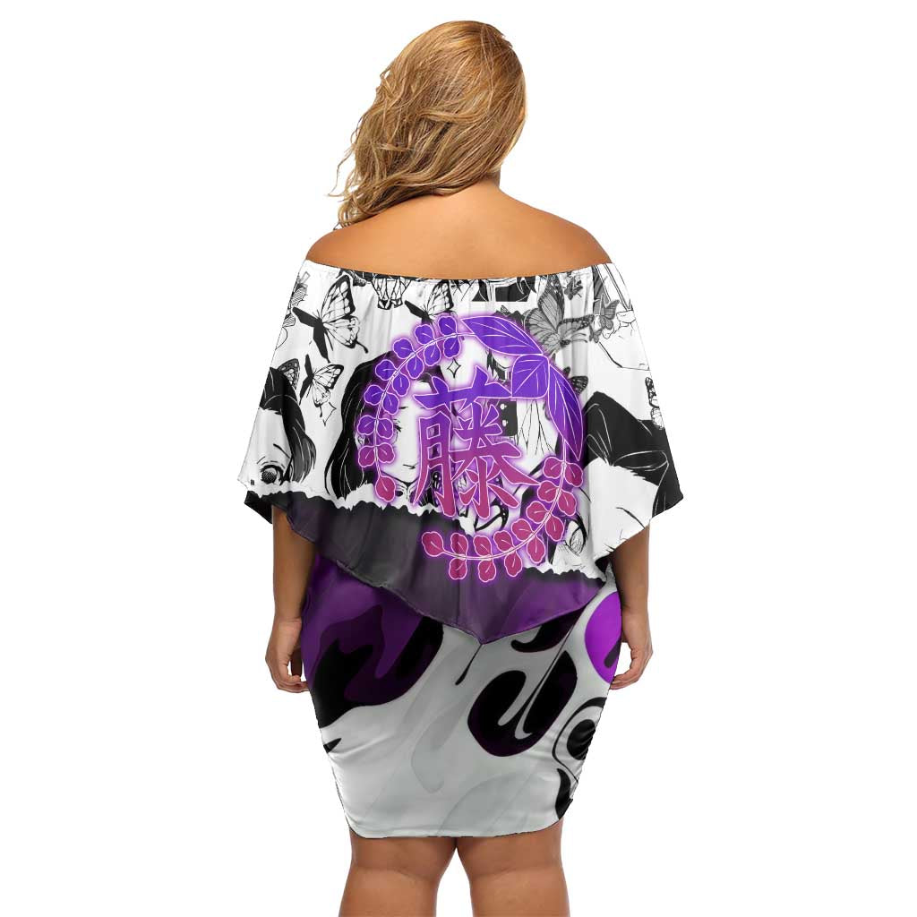 Shinobu Kocho Demon Slayer Butterfly Theme Family Matching Off Shoulder Short Dress and Hawaiian Shirt with Purple Accents and Manga Collage Design