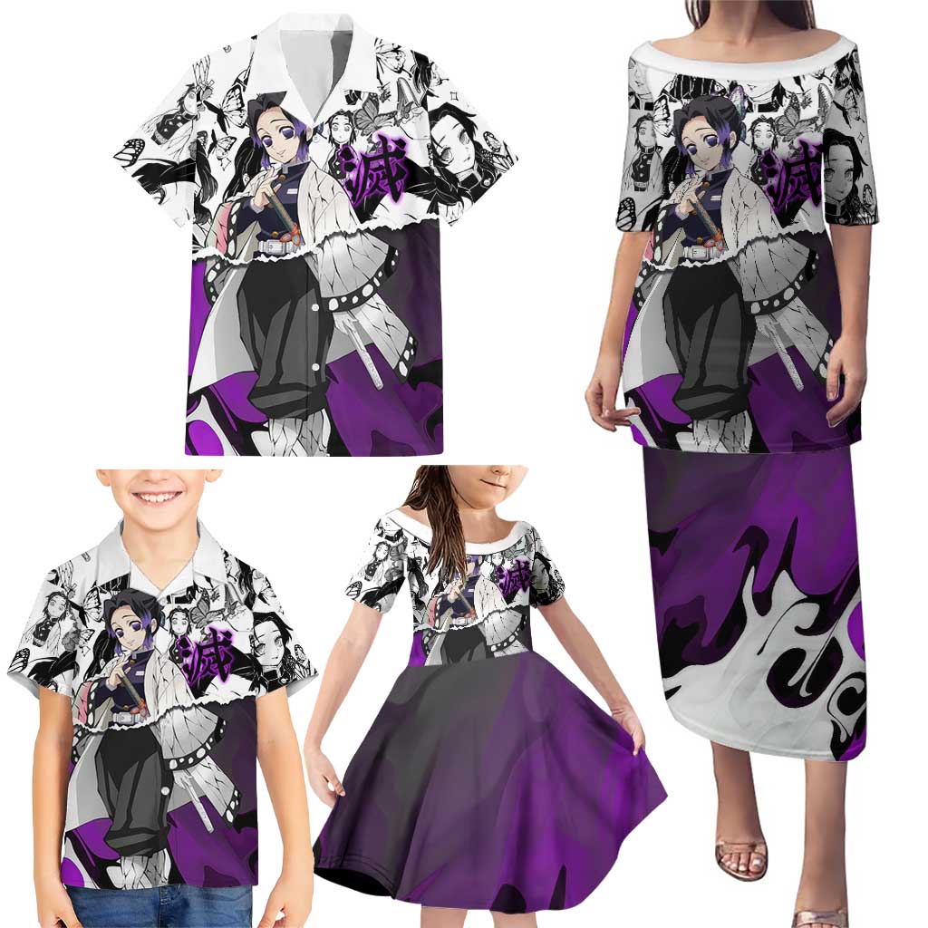 Shinobu Kocho Demon Slayer Butterfly Theme Family Matching Puletasi and Hawaiian Shirt with Purple Accents and Manga Collage Design