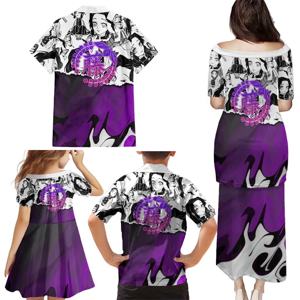 Shinobu Kocho Demon Slayer Butterfly Theme Family Matching Puletasi and Hawaiian Shirt with Purple Accents and Manga Collage Design