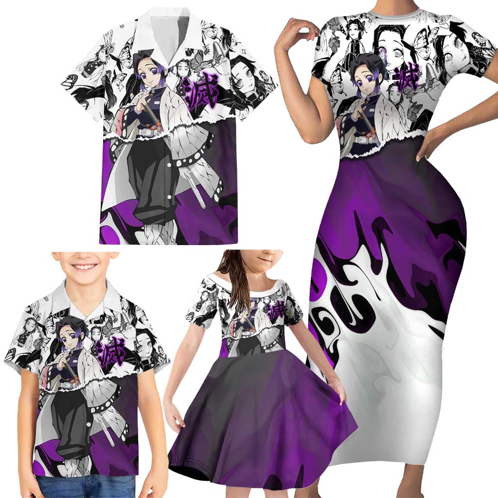 Shinobu Kocho Demon Slayer Butterfly Theme Family Matching Short Sleeve Bodycon Dress and Hawaiian Shirt with Purple Accents and Manga Collage Design