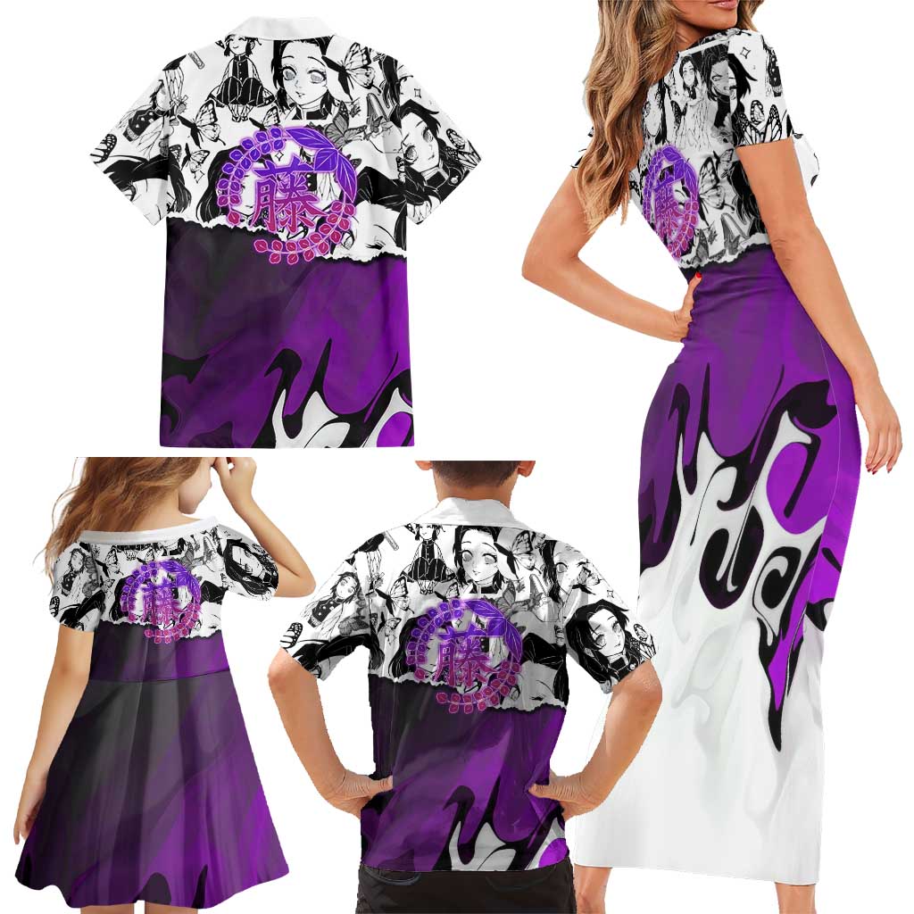 Shinobu Kocho Demon Slayer Butterfly Theme Family Matching Short Sleeve Bodycon Dress and Hawaiian Shirt with Purple Accents and Manga Collage Design