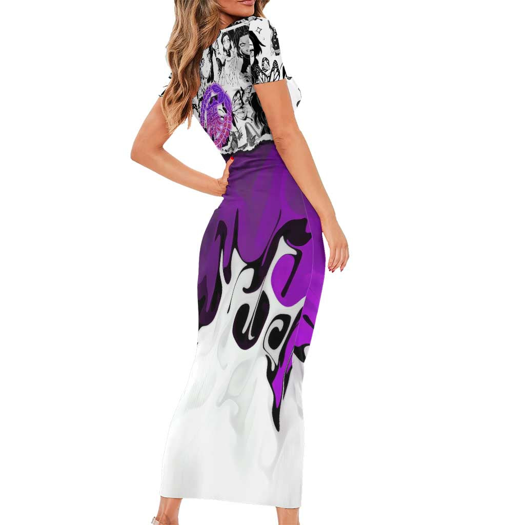 Shinobu Kocho Demon Slayer Butterfly Theme Family Matching Short Sleeve Bodycon Dress and Hawaiian Shirt with Purple Accents and Manga Collage Design