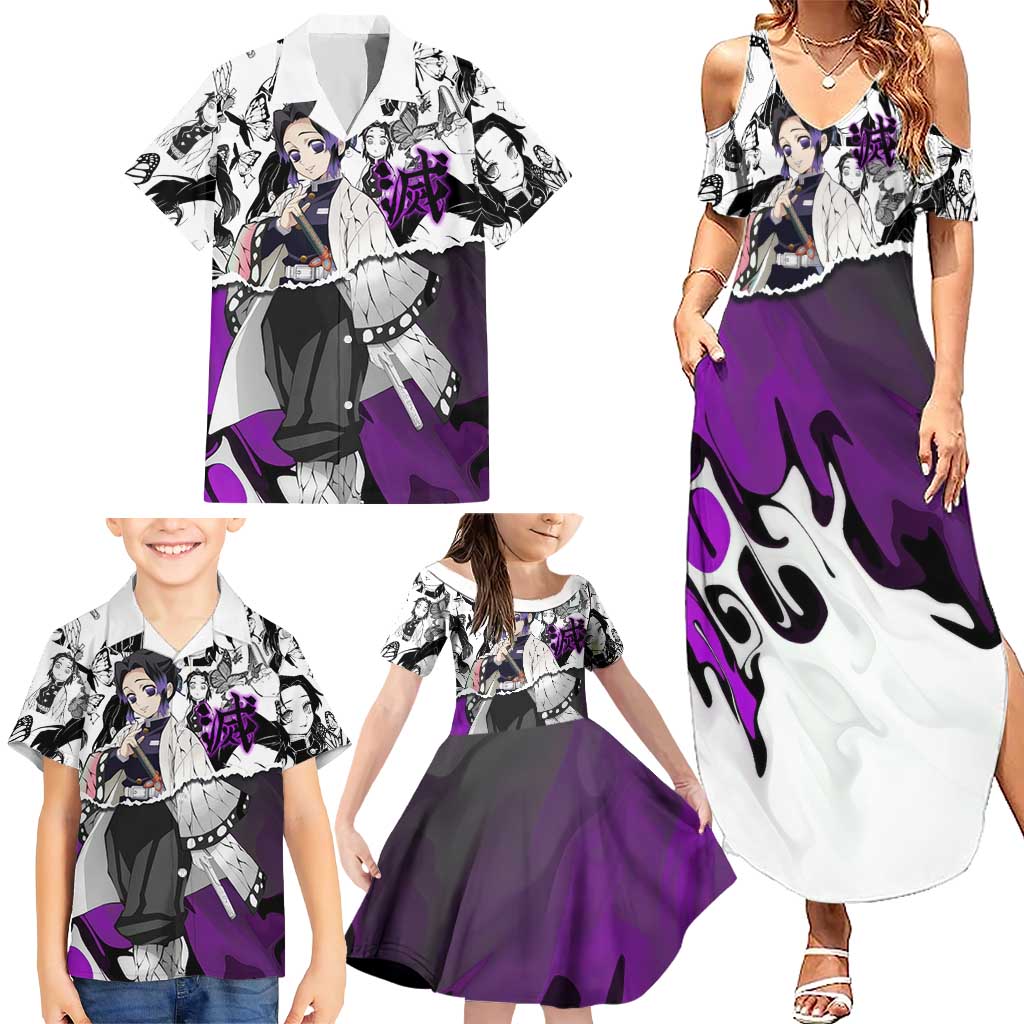Shinobu Kocho Demon Slayer Butterfly Theme Family Matching Summer Maxi Dress and Hawaiian Shirt with Purple Accents and Manga Collage Design