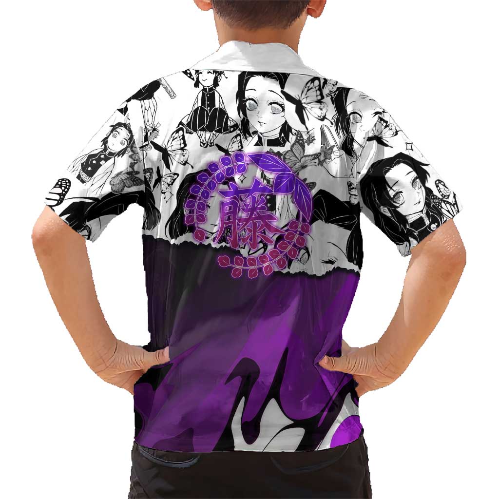 Shinobu Kocho Demon Slayer Butterfly Theme Family Matching Summer Maxi Dress and Hawaiian Shirt with Purple Accents and Manga Collage Design