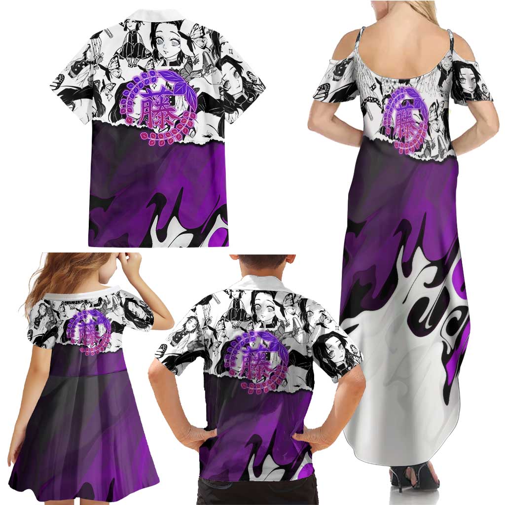 Shinobu Kocho Demon Slayer Butterfly Theme Family Matching Summer Maxi Dress and Hawaiian Shirt with Purple Accents and Manga Collage Design