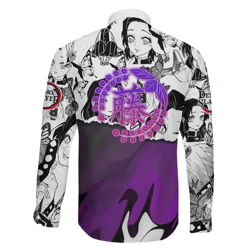 Shinobu Kocho Demon Slayer Butterfly Theme Family Matching Summer Maxi Dress and Hawaiian Shirt with Purple Accents and Manga Collage Design