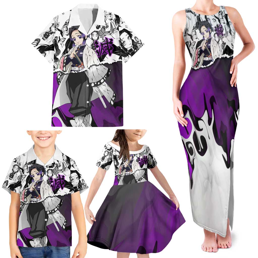 Shinobu Kocho Demon Slayer Butterfly Theme Family Matching Tank Maxi Dress and Hawaiian Shirt with Purple Accents and Manga Collage Design