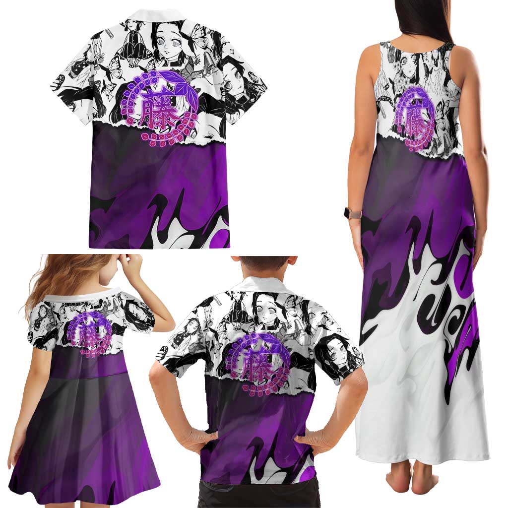 Shinobu Kocho Demon Slayer Butterfly Theme Family Matching Tank Maxi Dress and Hawaiian Shirt with Purple Accents and Manga Collage Design