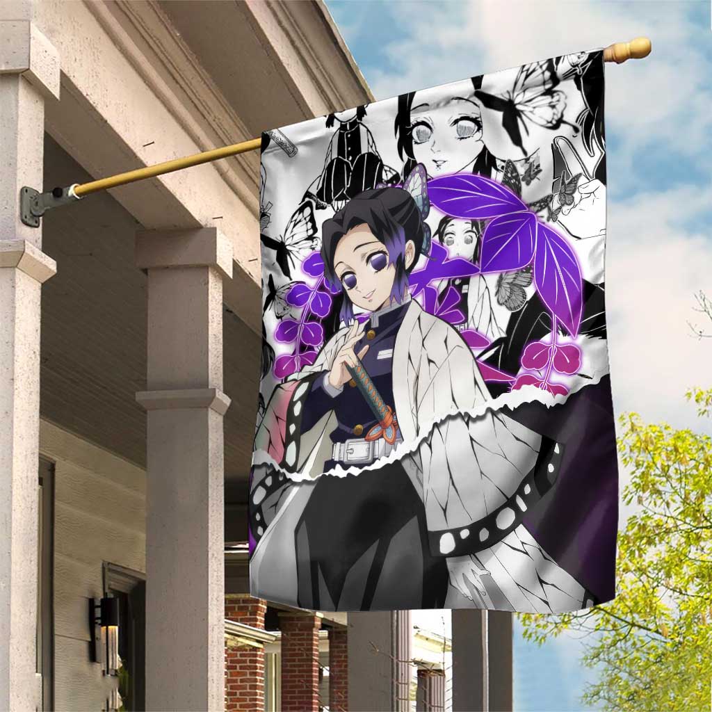 Shinobu Kocho Demon Slayer Butterfly Theme Garden Flag with Purple Accents and Manga Collage Design - The Mazicc