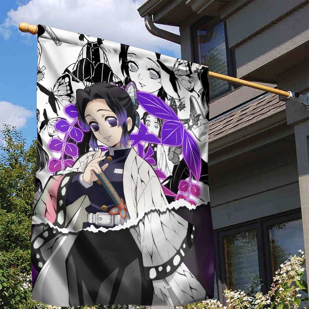 Shinobu Kocho Demon Slayer Butterfly Theme Garden Flag with Purple Accents and Manga Collage Design - The Mazicc