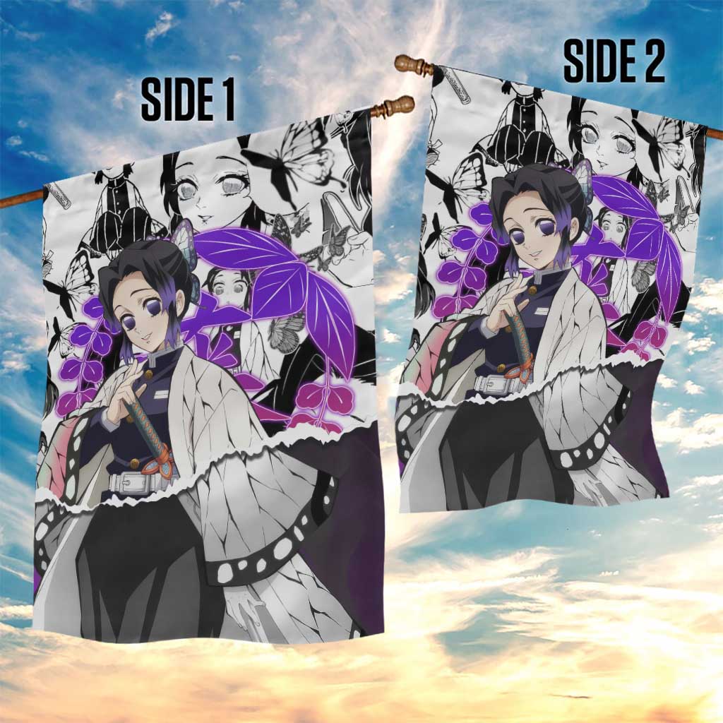 Shinobu Kocho Demon Slayer Butterfly Theme Garden Flag with Purple Accents and Manga Collage Design - The Mazicc