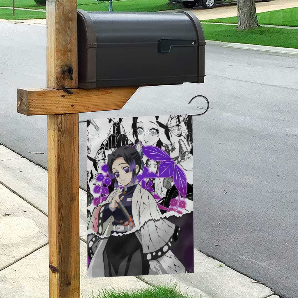 Shinobu Kocho Demon Slayer Butterfly Theme Garden Flag with Purple Accents and Manga Collage Design - The Mazicc