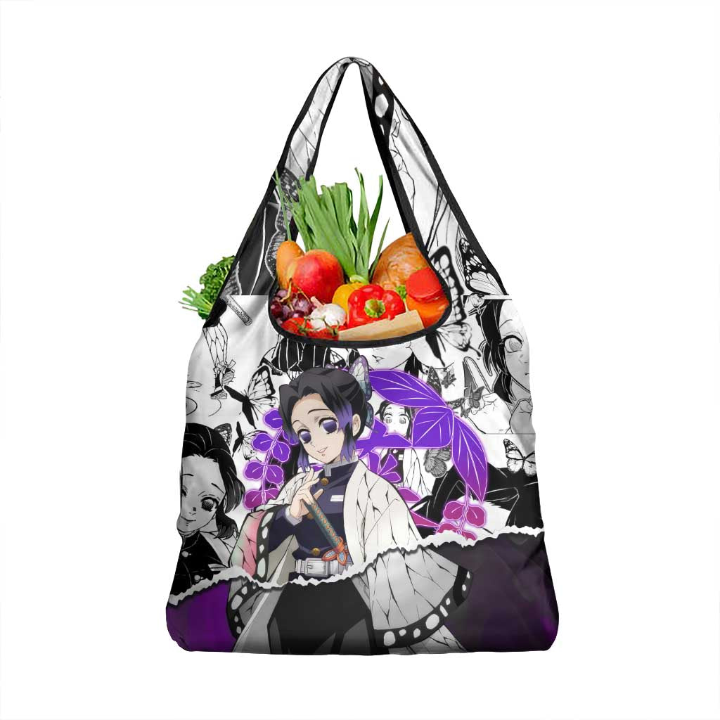 Shinobu Kocho Demon Slayer Butterfly Theme Grocery Bag with Purple Accents and Manga Collage Design - The Mazicc