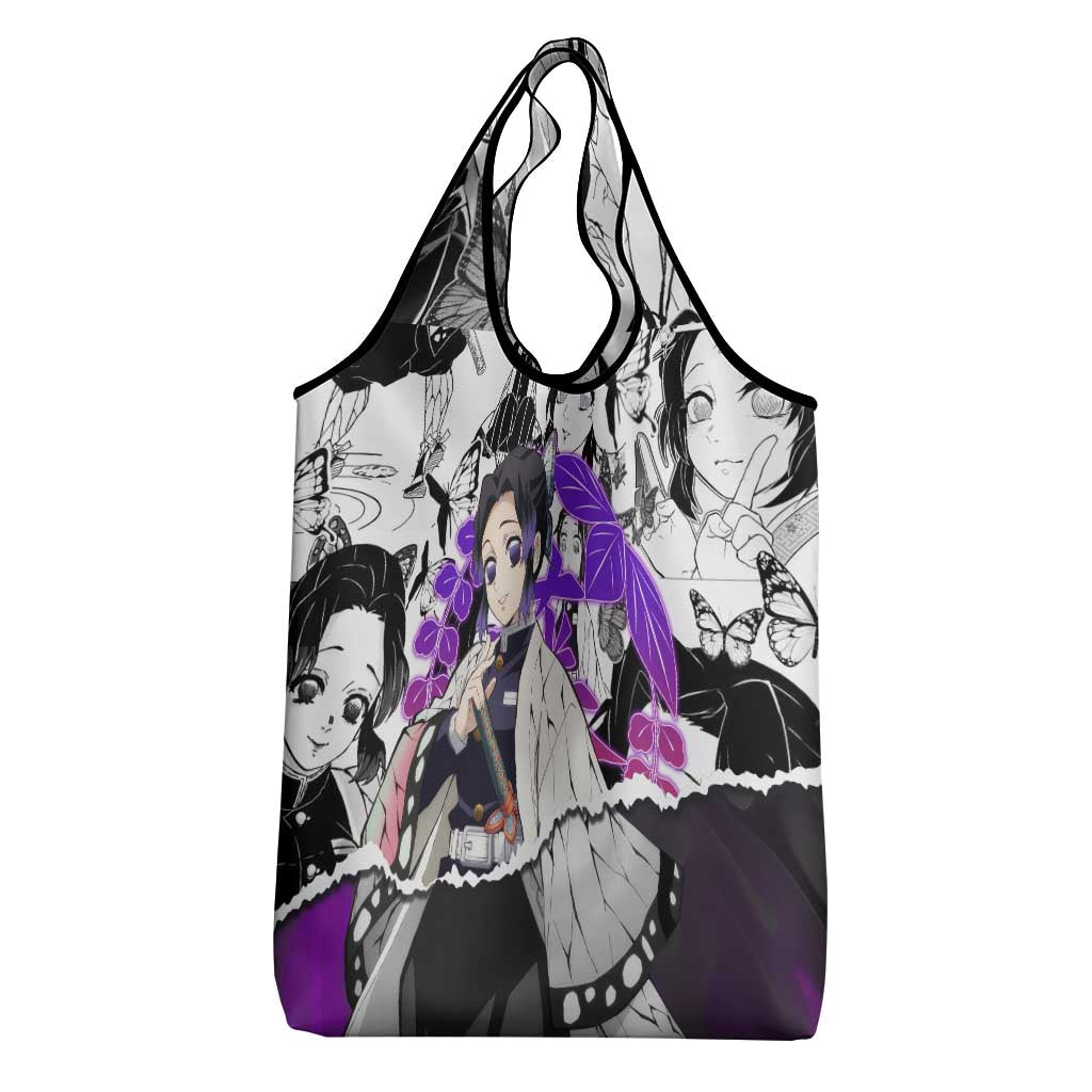 Shinobu Kocho Demon Slayer Butterfly Theme Grocery Bag with Purple Accents and Manga Collage Design - The Mazicc