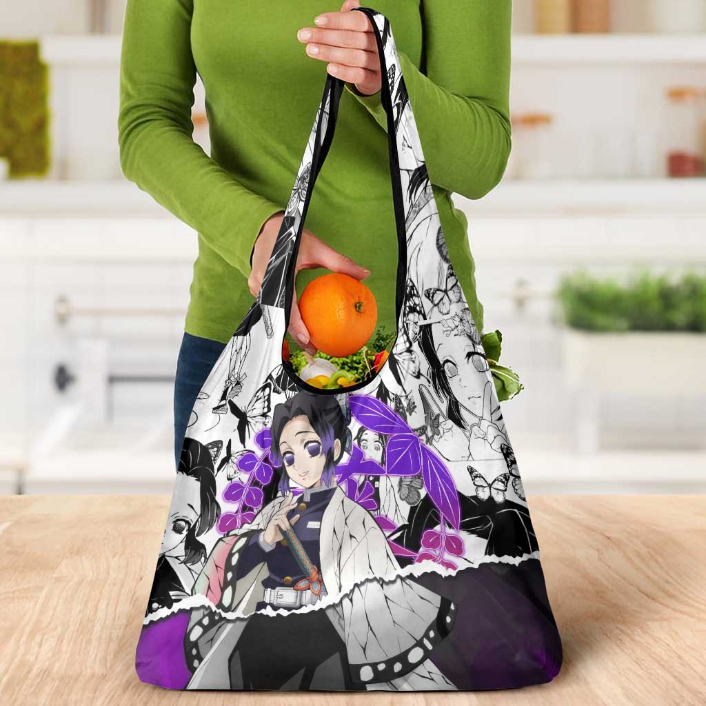 Shinobu Kocho Demon Slayer Butterfly Theme Grocery Bag with Purple Accents and Manga Collage Design - The Mazicc