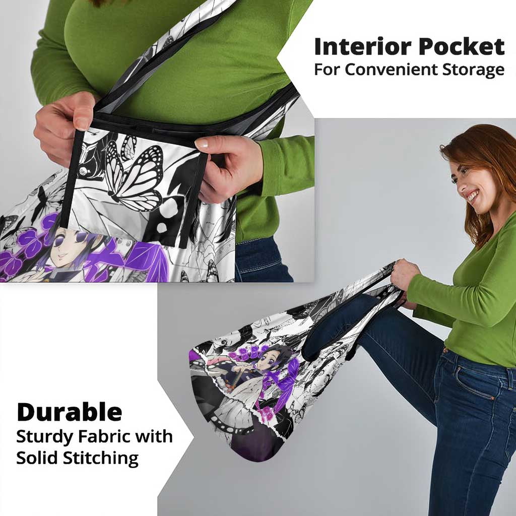 Shinobu Kocho Demon Slayer Butterfly Theme Grocery Bag with Purple Accents and Manga Collage Design - The Mazicc