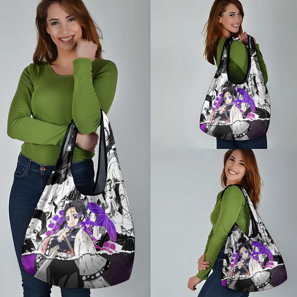 Shinobu Kocho Demon Slayer Butterfly Theme Grocery Bag with Purple Accents and Manga Collage Design - The Mazicc